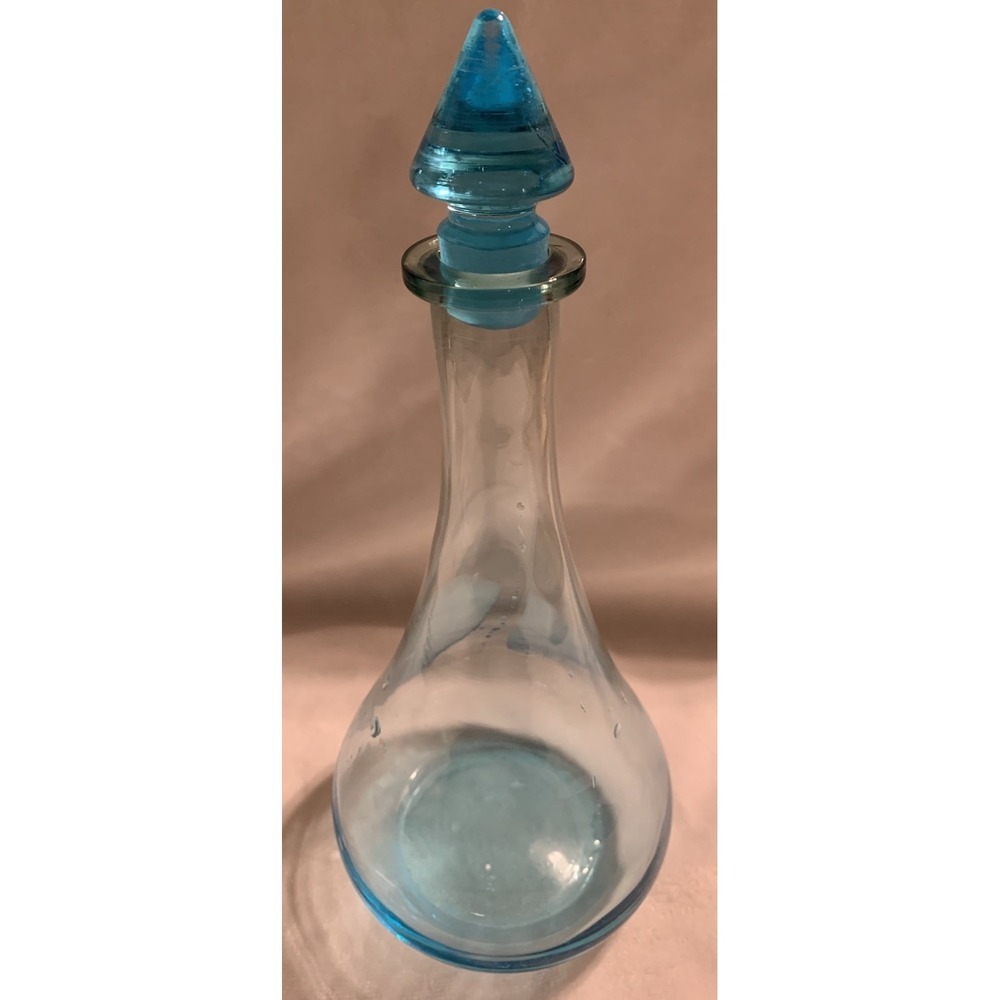 Vtge Mid Century Modern Blue Glass Decanter with Stopper MCM Art Glass